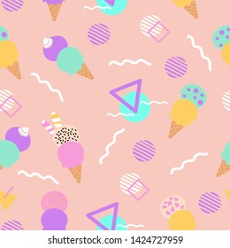 Colorful  ice cream with a Memphis background, in a seamless pattern design, perfect to use in print, for surface design, or for web, as a background