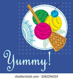 Colorful Ice Cream on a plate. Cookies and favi. Vector illustration. Set 2