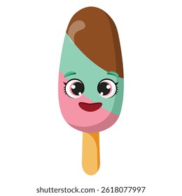 Colorful ice cream on stick with smiling face in pink, mint, and chocolate layers