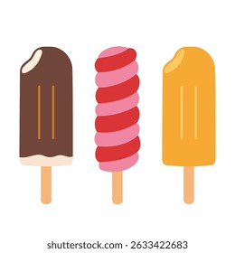 Colorful ice cream on a stick, popsicles with chocolate, berry, and orange flavors. Trendy modern vector illustration isolated on white background, hand drawn, flat design
