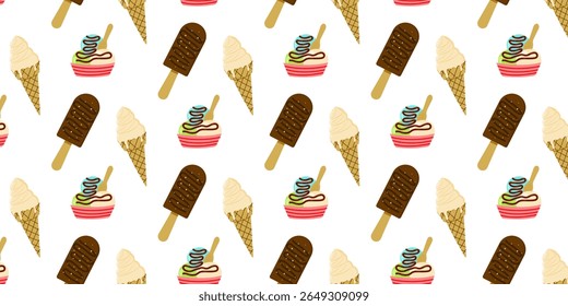 Colorful ice cream pattern featuring cones, cups, and popsicles in a playful arrangement ideal for summer designs