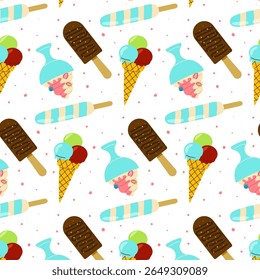 Colorful ice cream patterns featuring cones and popsicles on a white background for summer decor