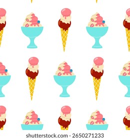 Colorful ice cream patterns featuring cones and bowls with vibrant scoops in bright colors, perfect for summer designs