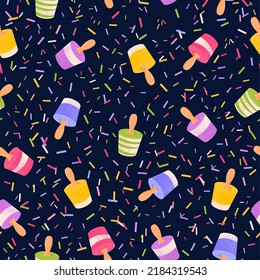 Colorful ice cream pops summer vector seamless pattern on black background, Sweet dessert flat illustration