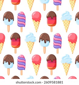 Colorful Ice Cream and Popsicle Seamless Pattern. Vector illustrations. Sweet dessert Background
