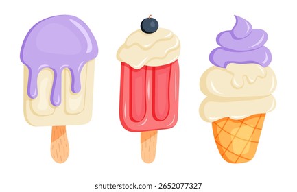 Colorful ice cream and popsicle set with toppings