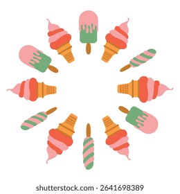 Colorful Ice Cream and Popsicle Vector Illustration Frame. The image showcases bright pink, green, and orange hues, perfect for summer themed designs.