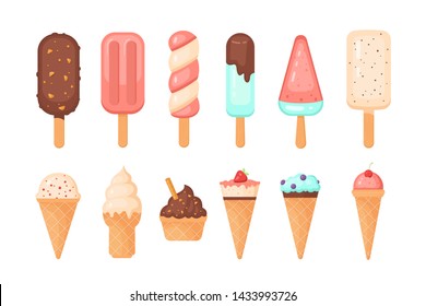 Colorful ice cream popsicle and waffle cones collection, vector illustration. Ice-cream scoops with different toppings.