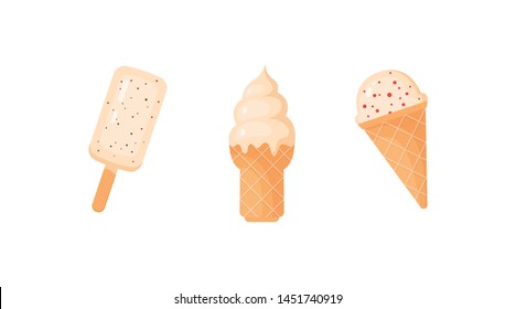 Colorful ice cream popsicle and waffle cones collection, vector illustration. Vanilla ice-cream scoops.