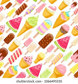 Colorful ice cream popsicles and cones seamless pattern. Ice-cream sweets background.