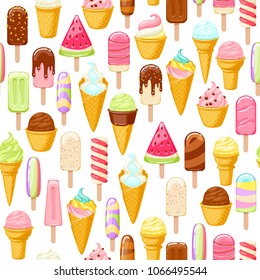 Colorful ice cream popsicles and cones seamless pattern. Ice-cream sweets background.