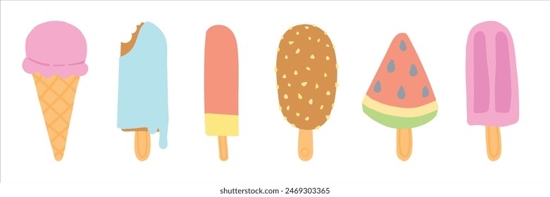 Ilustración colorida de helado y paletas de helado con varios sabores y estilos sobre un fondo blanco.