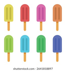 Colorful ice cream popsicles vector icon set. Frozen dessert, summer sweet treats, fruity flavors, isolated on white background.