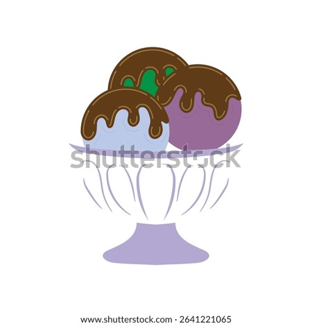 Colorful ice cream scoops in beatiful glass bowl with melted chocolate frozen on top flat cartoon vector illustration