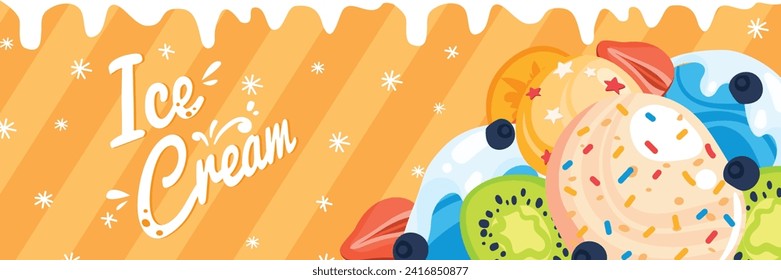 Colorful ice cream scoops with kiwi, strawberry decoration and sprinkles. Summer dessert, sweet treat concept vector illustration.