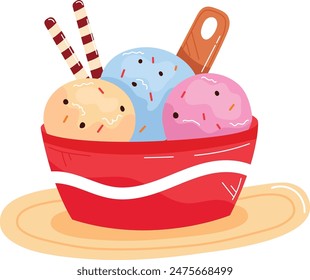 Colorful ice cream scoops red bowl dessert sweet treat. Three different flavored ice creams wafer sticks cartoon style illustration. Bowl cream wooden plate summer refreshing snack