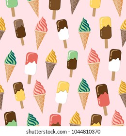 Colorful Ice cream seamless pattern. Summer wallpaper, kids interior wallpaper. Sweet summer food. Vector repeating texture.