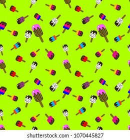 Colorful ice cream seamless pattern on green background. Vector illustration