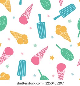 Colorful ice cream seamless pattern. Great for yummy summer dessert wallpaper, backgrounds, packaging, fabric, scrapbooking, and giftwrap projects. Surface pattern design.
