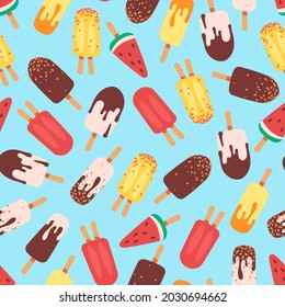 Colorful ice cream seamless pattern. Sweet dessert isolated on white background. Vector illustration in flat cartoon style.