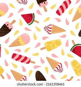 Colorful ice cream seamless pattern. Background for poster, print, cards, wrapping paper, clothes decoration and ice cream shop. Vector illustration
