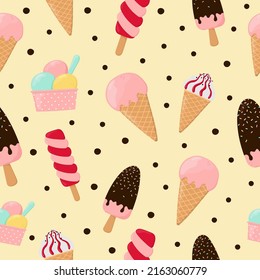 Colorful ice cream seamless pattern. Background for poster, print, cards, wrapping paper, clothes decoration and ice cream shop. Vector illustration