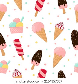 Patrón de helados coloridos y sin costura. Antecedentes de póster, impresión, tarjetas, papel de envoltura, decoración de ropa y heladería.