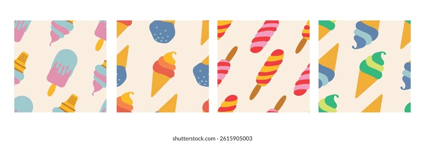 Colorful Ice Cream Seamless Pattern Set Vector Illustration. Includes popsicles and cones with various colorful swirls on a light background, perfect for summer themes.