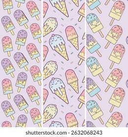 Colorful ice cream seamless pattern. Great for yummy summer dessert wallpaper, backgrounds, packaging, fabric, scrapbooking, and giftwrap projects. Surface pattern design