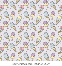 Colorful ice cream seamless pattern. Great for yummy summer dessert wallpaper, backgrounds, packaging, fabric, scrapbooking, and giftwrap projects. Surface pattern design