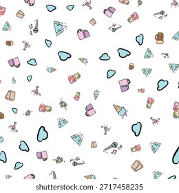 Colorful ice cream seamless pattern with hearts and gifts in pastel colors on white background for Valentines Day