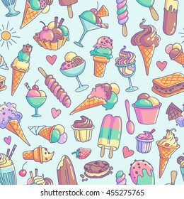 Colorful Ice Cream Seamless Pattern. Ice pop, snow cone, milkshake, sorbet, sundae, icecream sandwich, frozen yogurt, scoop.