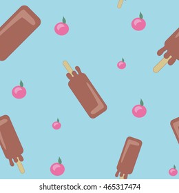 Colorful Ice cream seamless pattern. Eskimo, popsicle and cherry berries on blue background. Sweet summer food. Vector repeating texture.