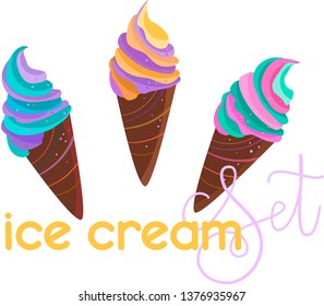 Colorful ice cream set with decorations, fruit, waffles, stars and bubbles. Cute vector illustration in bright vibrant colors, isolated on white. For food shops, menus, cookbooks, holiday decorations.