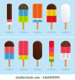 Colorful ice cream set in flat design with different colors, flavors and shapes.