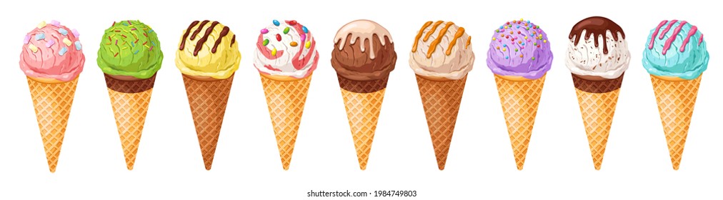 Colorful ice cream set.Tasty summer  frozen dessert.Gelato in various flavors.Ice-cream scoop and waffle cone with different toppings.Vector illustration of seasonal healthy food for takeout,café
