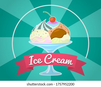 Colorful Ice cream shop logo label or emblem in caartoon style for your design on suburst background. Vector illustration.