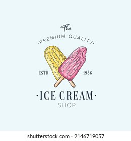 Colorful Ice cream shop logo label or emblem in caartoon style for your design on suburst background. Vector illustration.