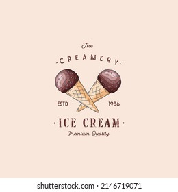 Colorful Ice cream shop logo label or emblem in caartoon style for your design on suburst background. Vector illustration.