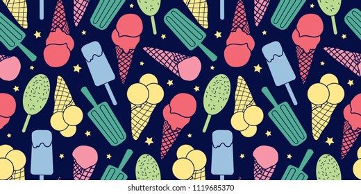Colorful ice cream and stars seamless pattern. Great for yummy summer dessert wallpaper, backgrounds, packaging, fabric, scrapbooking, and giftwrap projects. Surface pattern design.