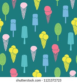 Colorful ice cream and stars seamless pattern. Great for yummy summer dessert wallpaper, backgrounds, packaging, fabric, scrapbooking, and giftwrap projects. Surface pattern design.