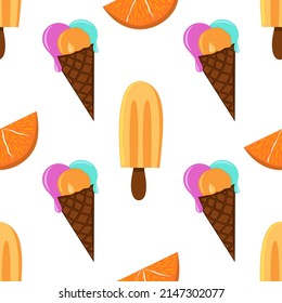 Colorful ice cream summertime vector seamless pattern. Sweets background. Frozen juice decoration. Wallpaper, backdrop and fabric print.