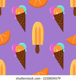 Colorful ice cream summertime vector seamless pattern. Sweets background. Frozen juice decoration. Wallpaper, backdrop and fabric print.