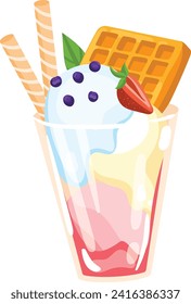 Colorful ice cream sundae with berry toppings and waffle. Delicious frozen dessert with fruit and syrup vector illustration.