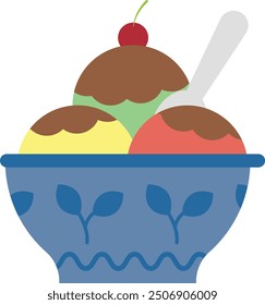 Colorful ice cream sundae with cherry on top in a decorated blue bowl with spoon. Sweet ice cream.