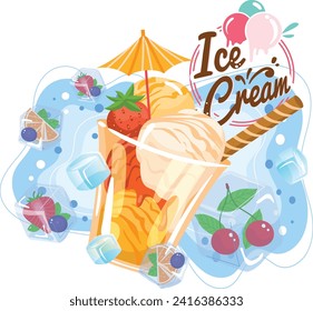 Colorful ice cream sundae with fruits and waffle cone. Frozen dessert with berries and ice cubes summer refreshment greeting card vector illustration.