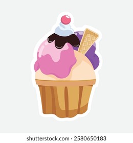 Colorful Ice Cream Sundae Sticker - Vector Art. Vibrant vector sticker of a delightful ice cream sundae with a cherry and wafer, perfect for dessert menus, summer themes, and sweet digital designs