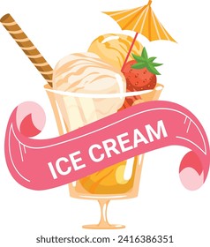 Colorful ice cream sundae with strawberry, wafer stick, and umbrella. Dessert graphic with ice cream banner ribbon vector illustration.