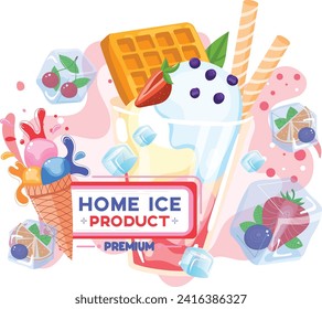 Colorful ice cream sundae, waffle cone, and frozen treats design. Advertisement for premium home ice cream products. Delicious dessert and refreshing snack vector illustration.