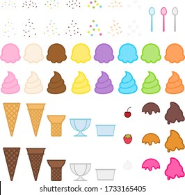 Colorful Ice Cream and Toppings Vector Illustration Set